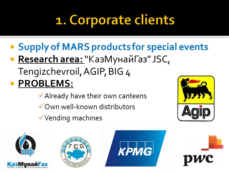 1. Corporate clients  Supply of MARS products for special events Research area: “КазМунайГаз”